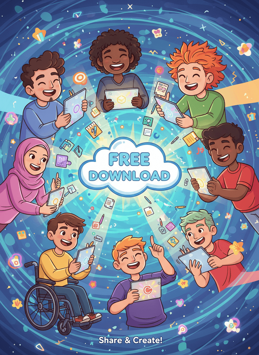 디지털 일러스트 파일을 행복하게 공유하는 다양한 캐릭터들의 모습을 담은, 무료 다운로드 커뮤니티를 표현한 일러스트.