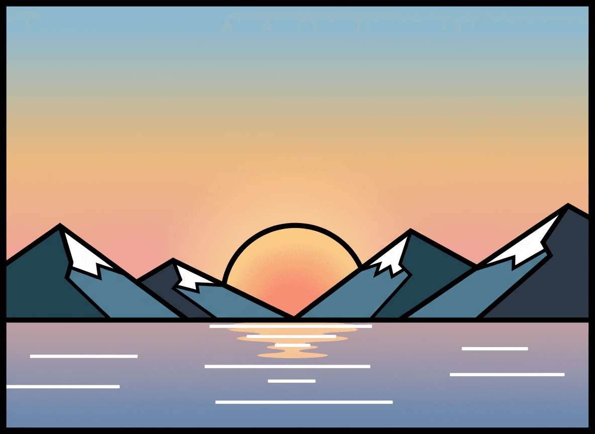 굵은 도형과 그라데이션 하늘이 있는 해돋이 산과 호수의 미니멀한 기하학적 일러스트레이션.