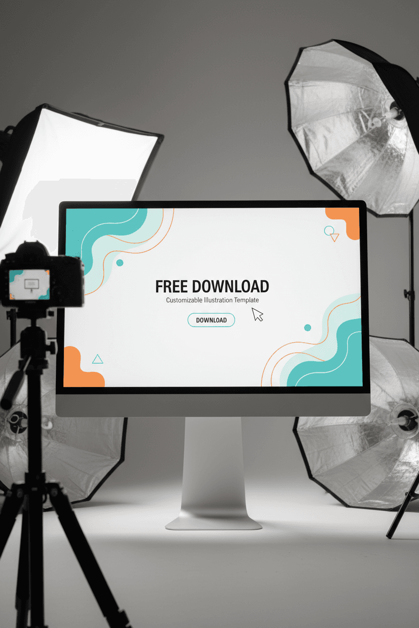 깔끔한 흰색 모니터 화면에 완벽하게 렌더링된 사용자 정의 가능한 일러스트 템플릿이 무료 다운로드 준비 중인 전문 스튜디오 세팅.