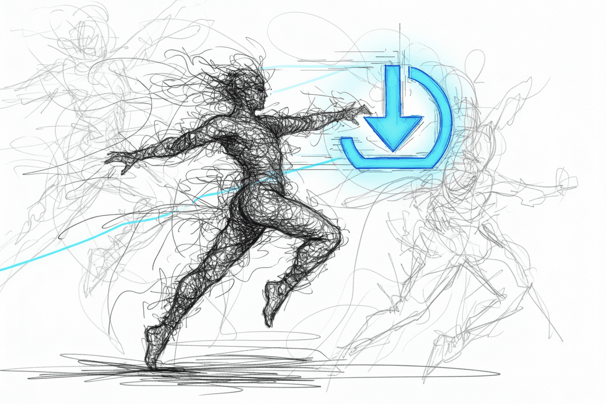 디지털 다운로드와 상호작용하는 추상적인 인물의 역동적인 낙서 예술 일러스트.
