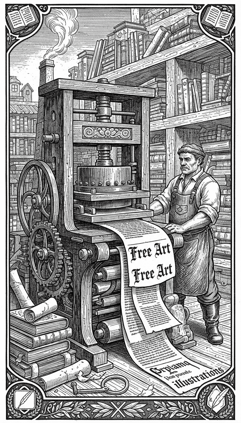 무료 예술을 생산하는 골동품 인쇄기를 묘사한 흑백 판화 일러스트.