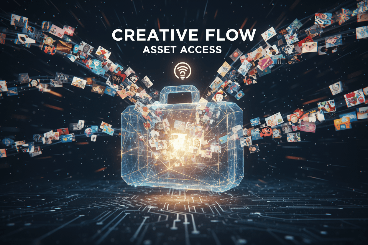 다양한 일러스트 썸네일이 빛나는 디지털 서류 가방으로 빠르게 흘러들어가는 역동적인 모션 그래픽 정지 이미지, 풍부한 자산 접근성을 나타냅니다.