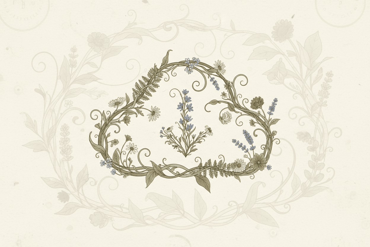 나뭇잎과 꽃들이 다운로드 아이콘을 형성하는 자연 영감 일러스트.