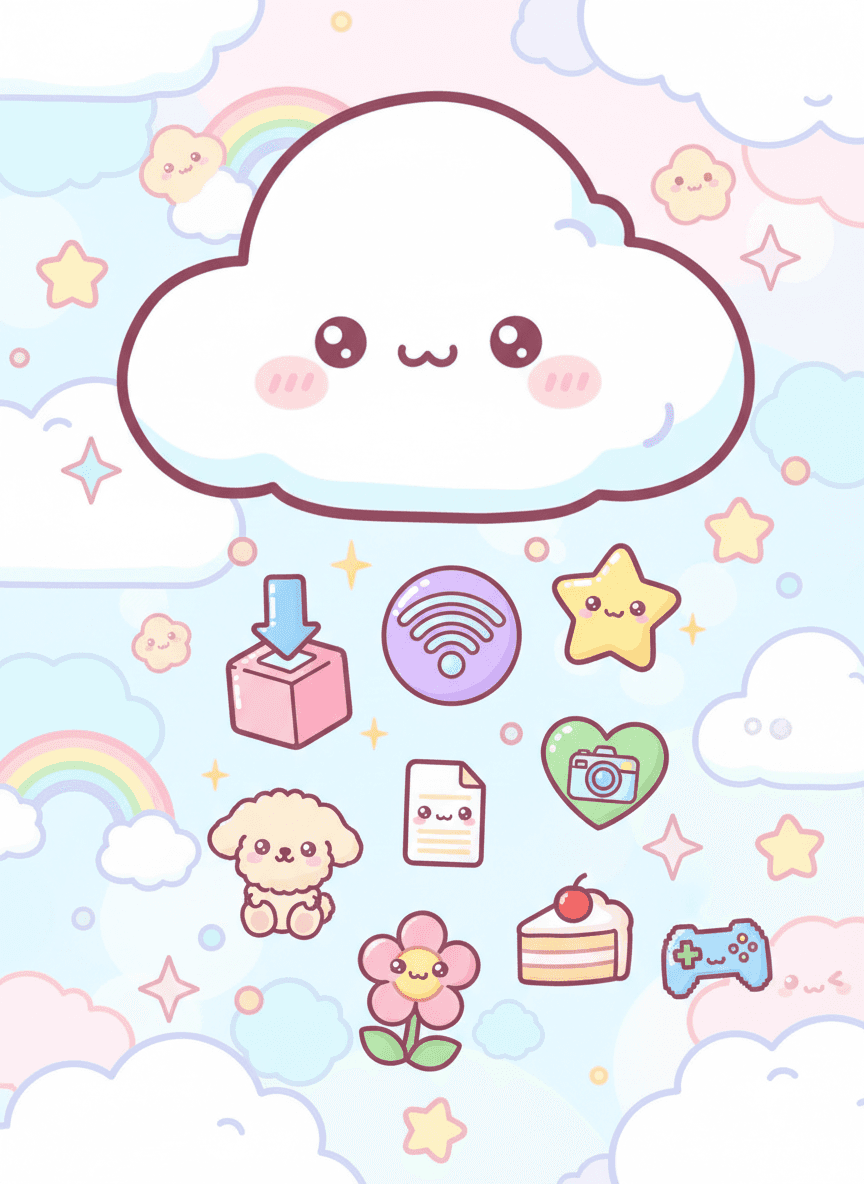 귀여운 구름이 다운로드 아이콘과 일러스트를 떨어뜨리는 카와이 만화 일러스트.