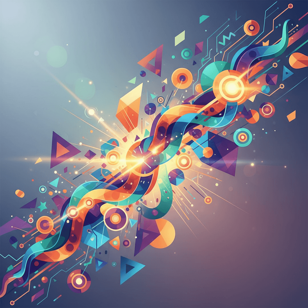 창의적인 데이터 전송과 접근성을 상징하는 추상적인 기하학 일러스트.