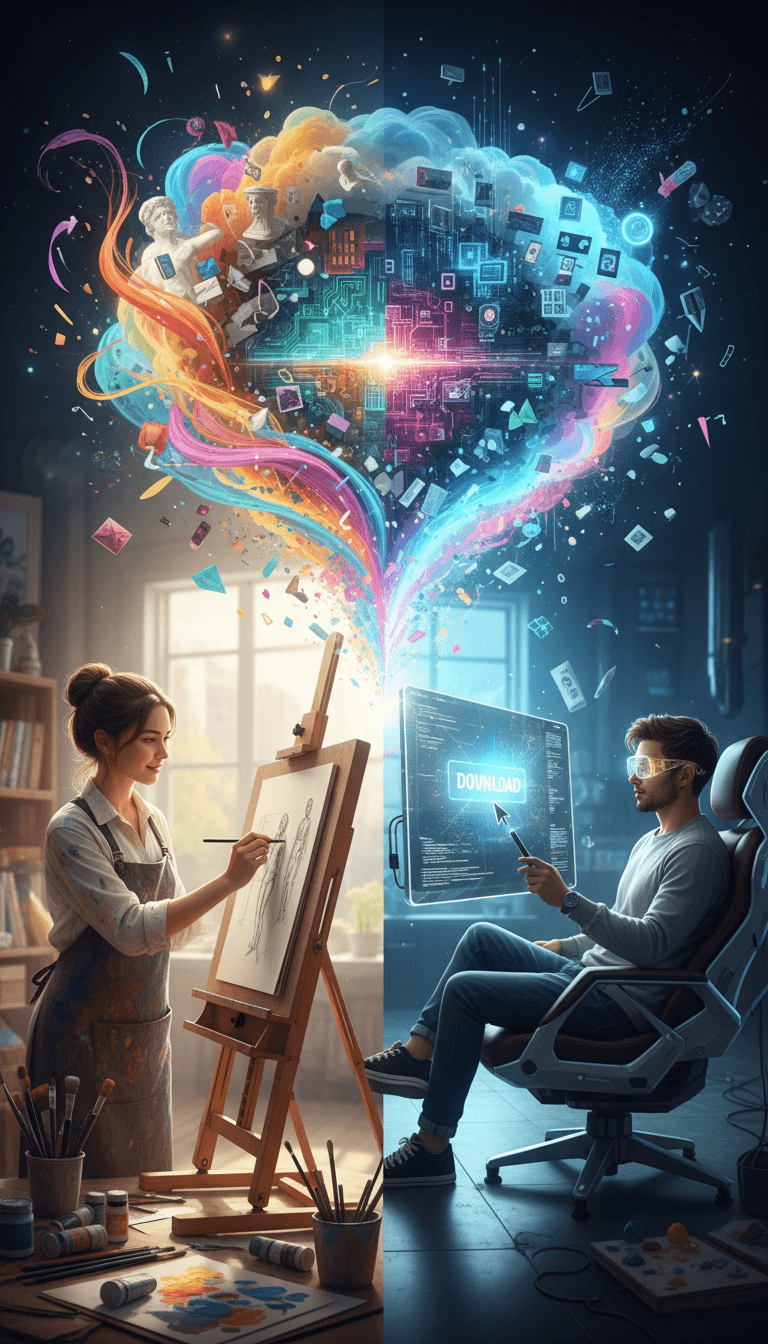 스케치하는 전통 화가와 "다운로드" 버튼을 클릭하는 디지털 화가의 분할 이미지, 둘 다 창의적인 결과물로 이어집니다.