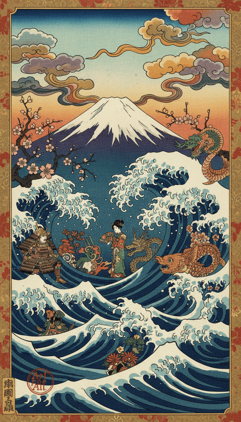 데이터 파도가 일러스트를 실어 나르고 후지산이 있는 우키요에 목판화 일러스트.