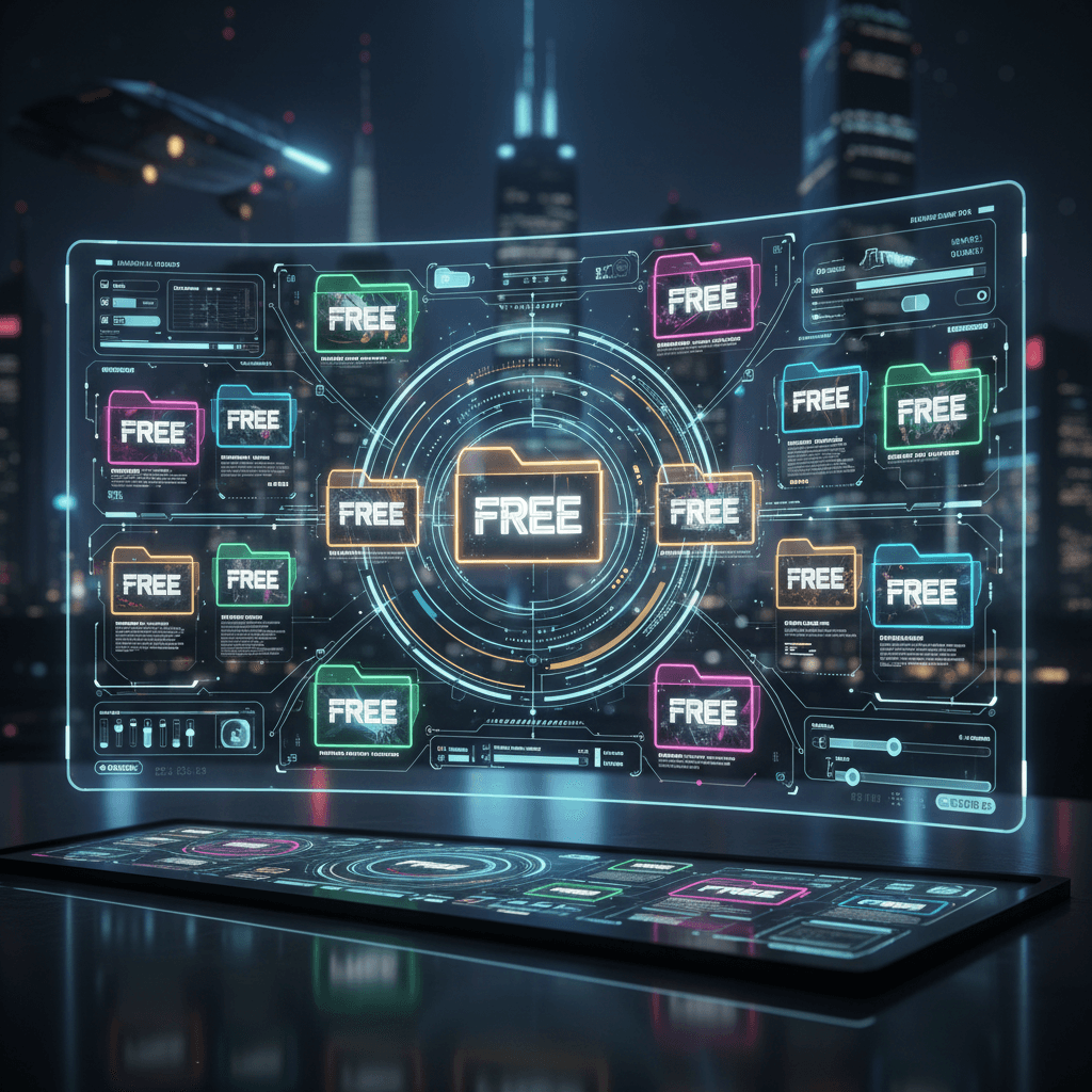 홀로그램 화면에 "무료"라고 표시된 폴더와 다양한 일러스트 썸네일이 깔끔하게 정리된 미래지향적인 인터페이스.