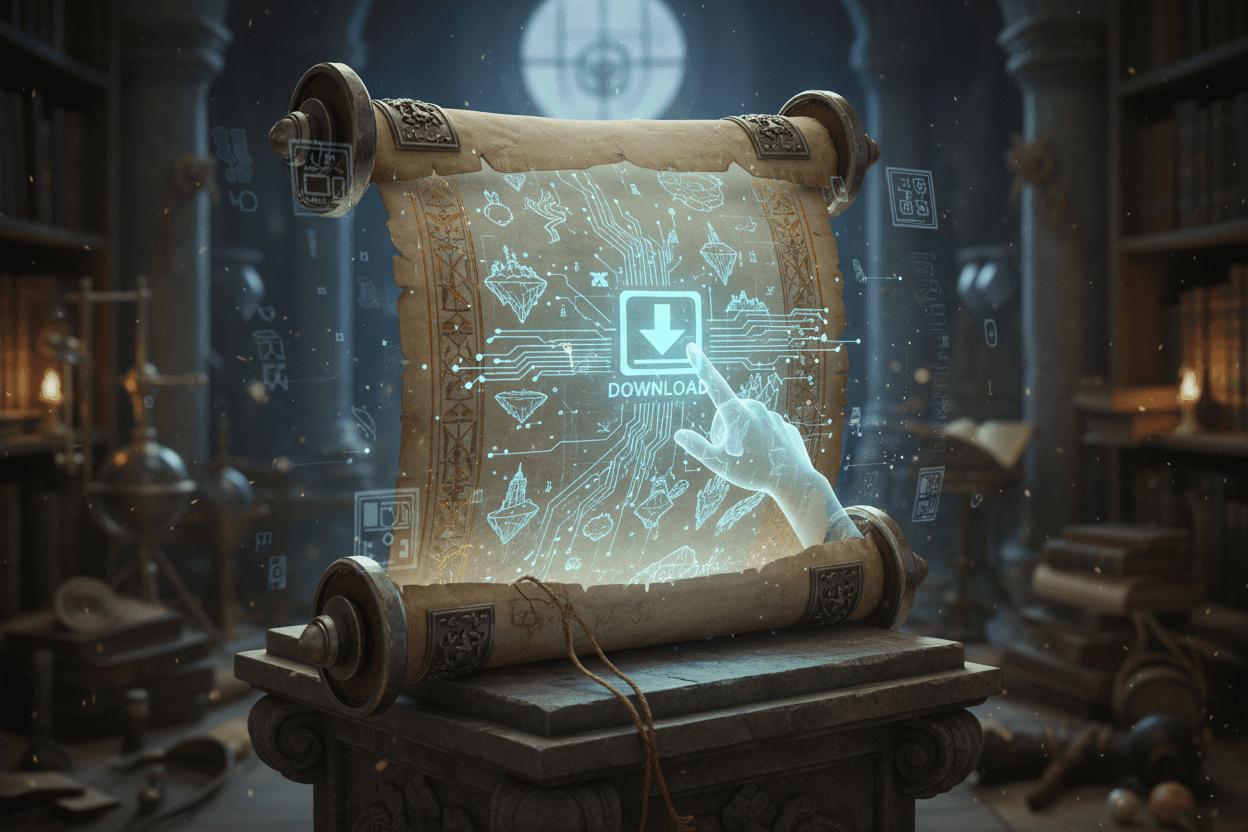 화려한 두루마리가 펼쳐져 빛나는 디지털 일러스트를 보여주고, 작은 손이 두루마리 안에서 다운로드 아이콘을 클릭하는 모습.