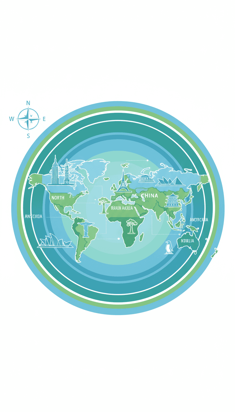 각 대륙의 상징적인 랜드마크가 있는 매우 양식화된 세계 지도 일러스트레이션, 현대적인 인포그래픽 스타일.