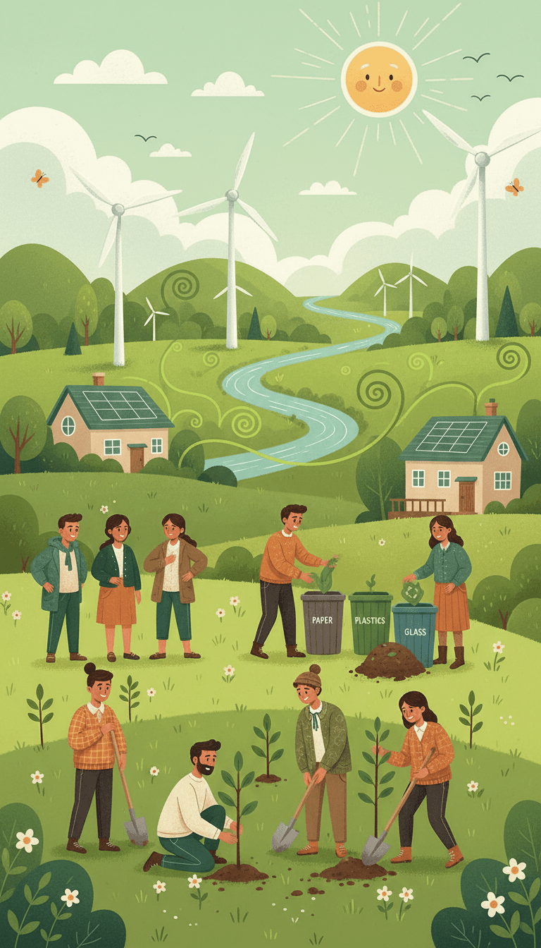 나무를 심고 재활용하는 사람들과 풍력 터빈이 있는 친환경 개념 일러스트레이션.