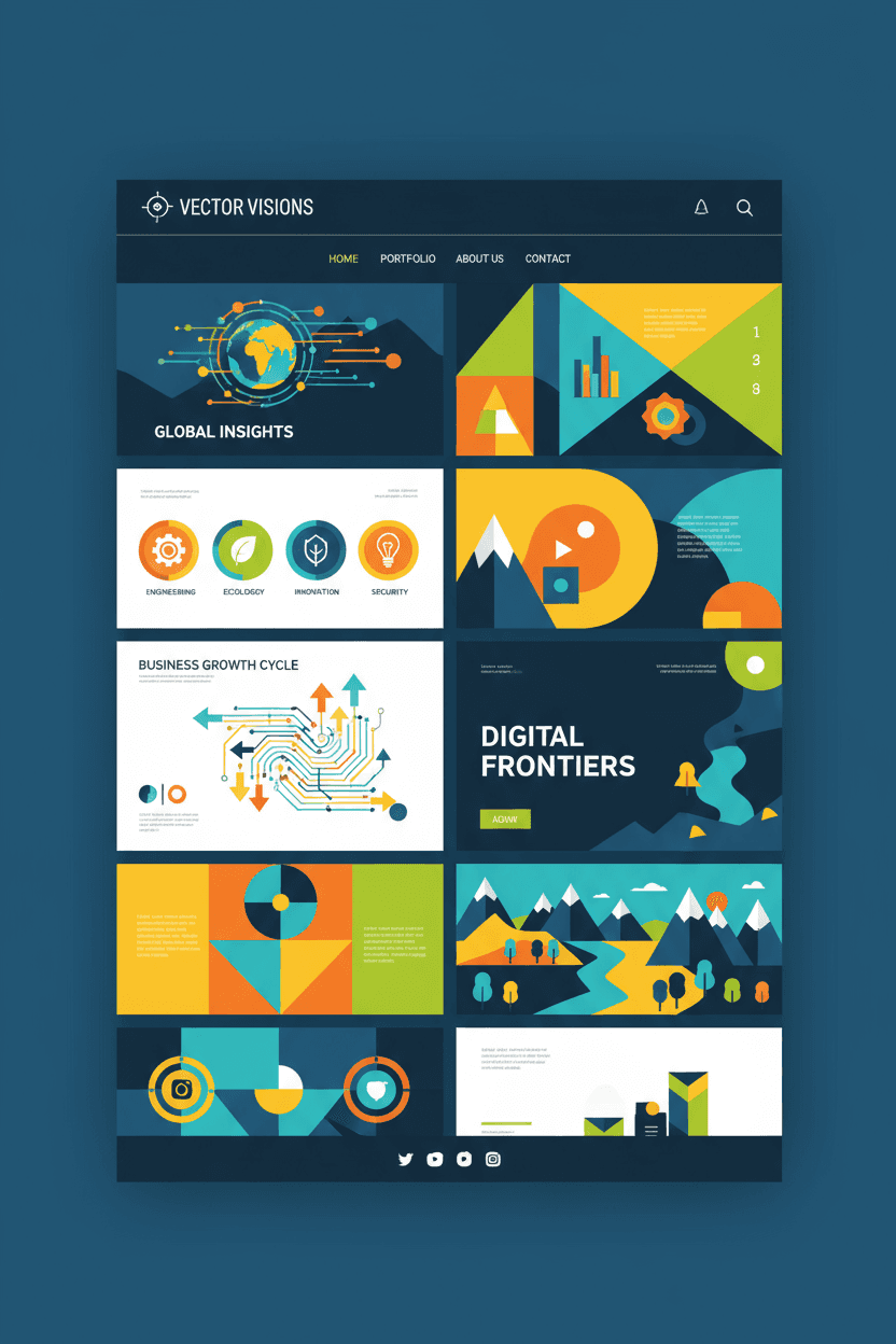 대담한 기하학적 모양, 아이콘, 인포그래픽이 플랫 디자인으로 표시된 벡터 일러스트 웹사이트.
