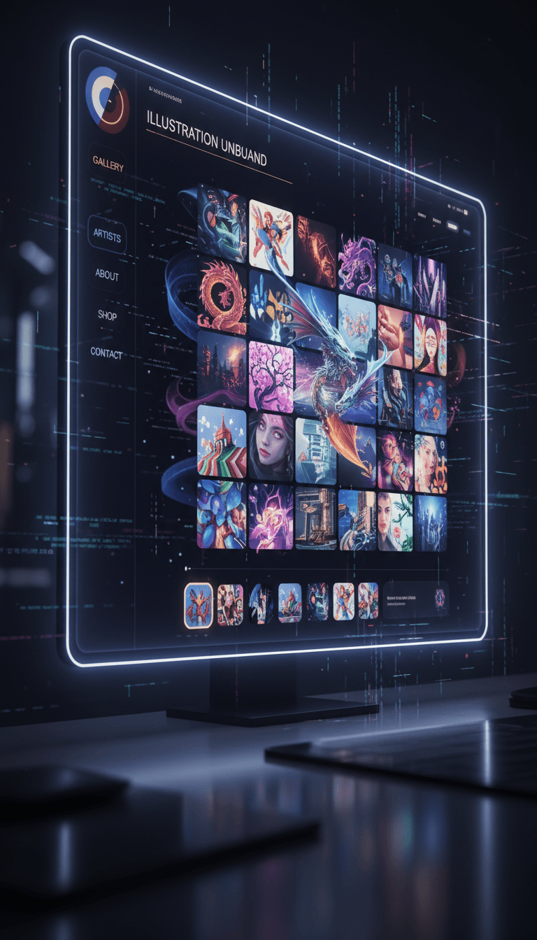 움직이는 작품들이 있는 일러스트 웹사이트의 역동적인 갤러리 섹션.