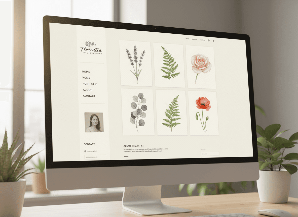 섬세한 수채화 식물 일러스트레이션을 보여주는 우아한 포트폴리오 일러스트 웹사이트.