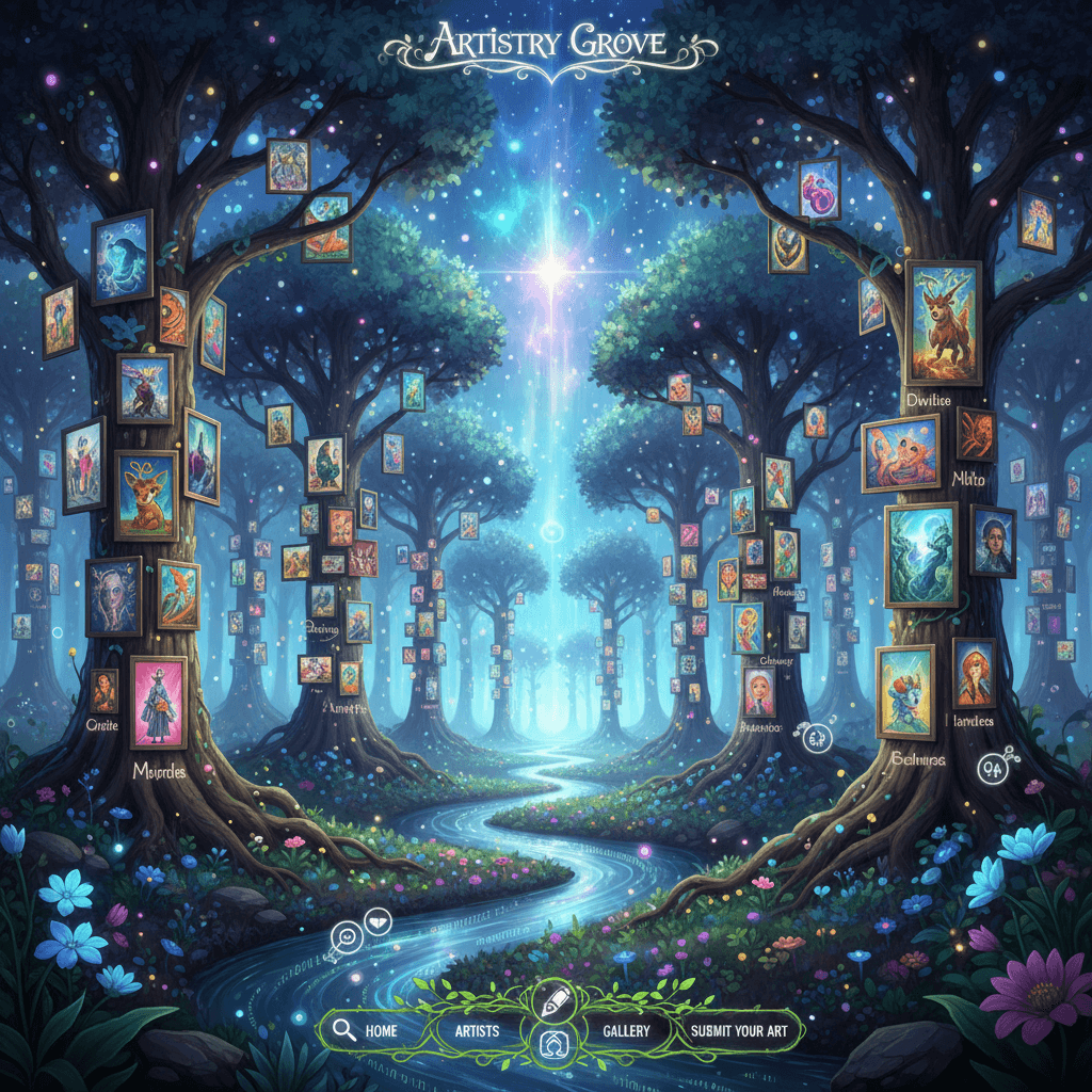 각 나무가 예술가의 포트폴리오를 나타내며 독특한 예술 작품으로 피어나는 광활하고 마법 같은 디지털 숲 형태의 일러스트 웹사이트.