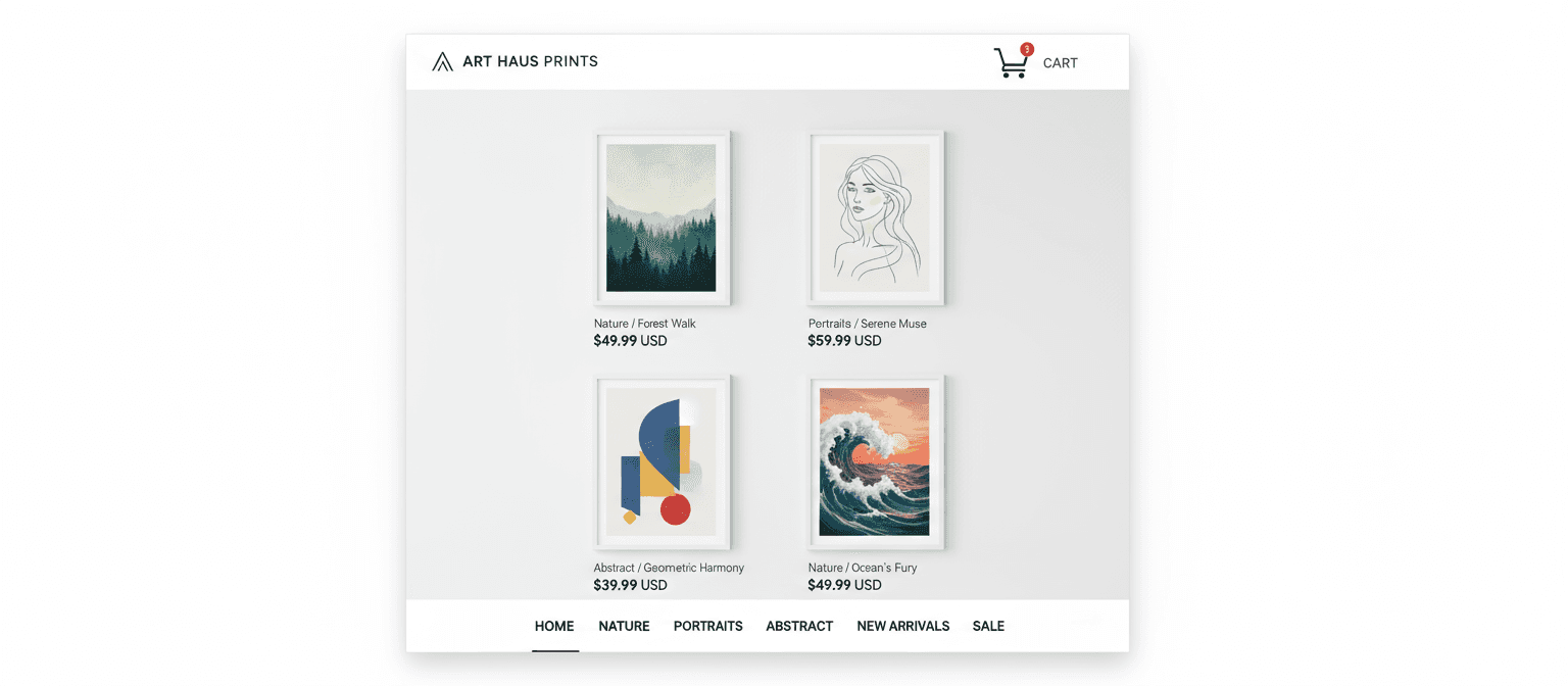 자연, 인물, 추상화 카테고리의 액자 프린트를 판매하는 전자상거래 일러스트 웹사이트.