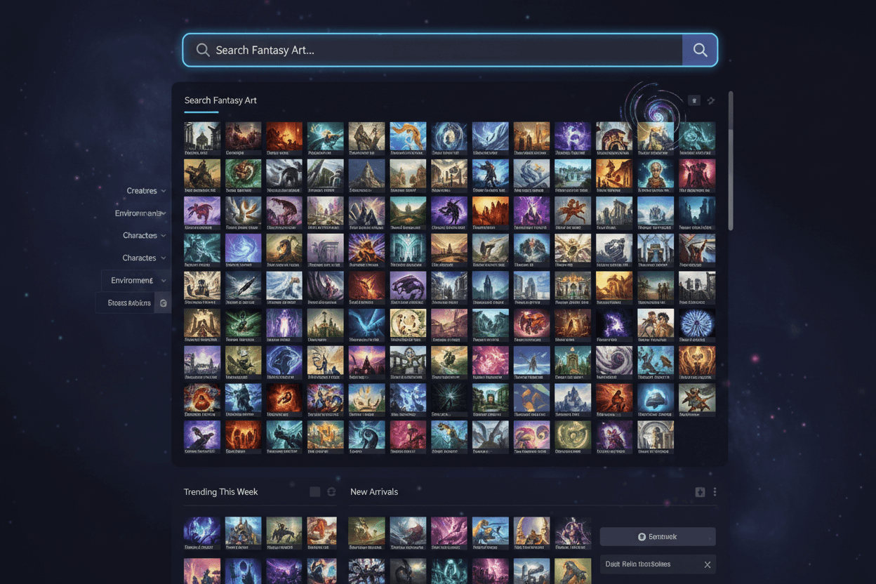 다양한 아트워크 그리드가 있는 역동적인 판타지 일러스트 마켓플레이스 웹사이트.