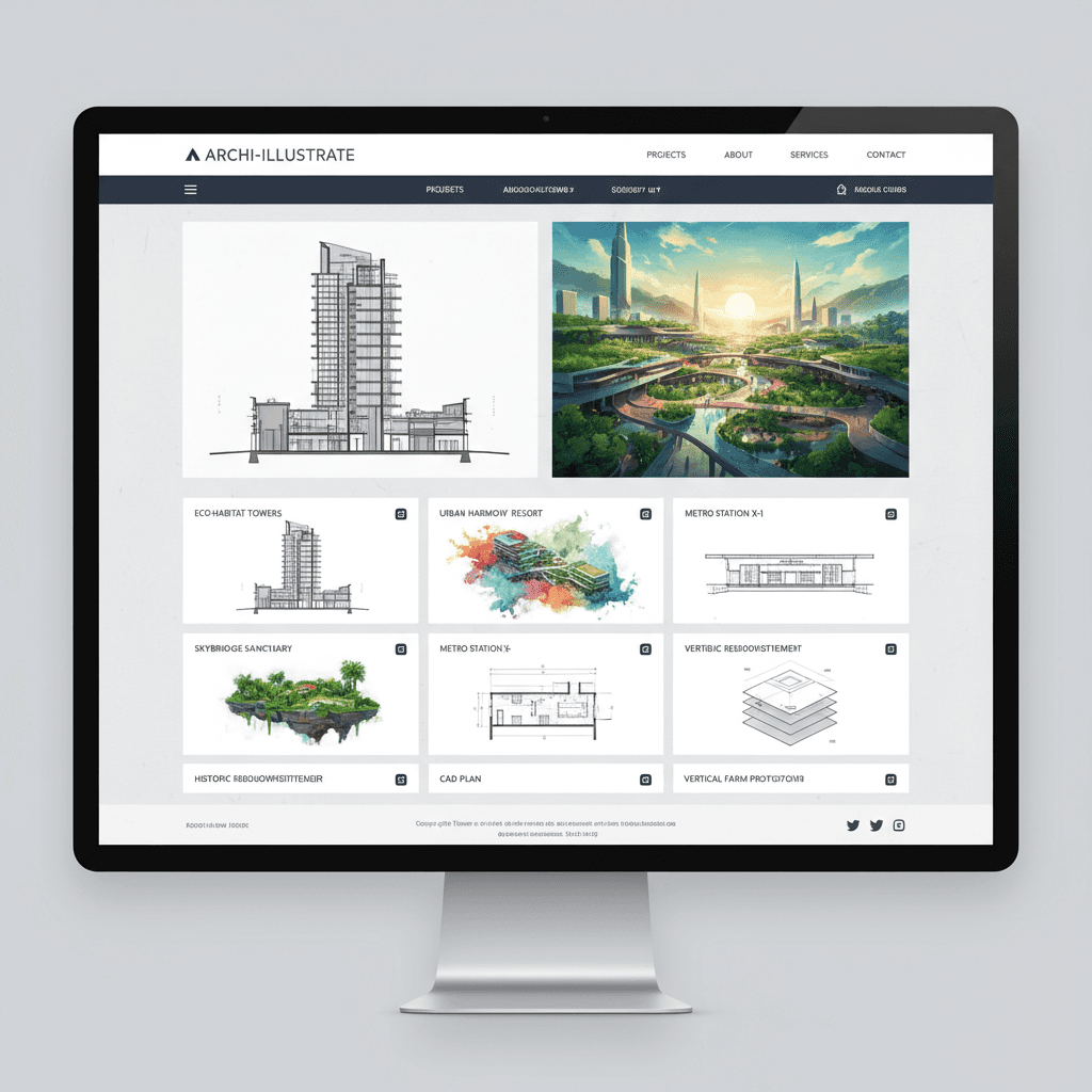 건물과 도시 공간의 상세한 기술 도면과 생생한 컨셉 렌더링을 보여주는 건축 일러스트 갤러리 웹사이트.