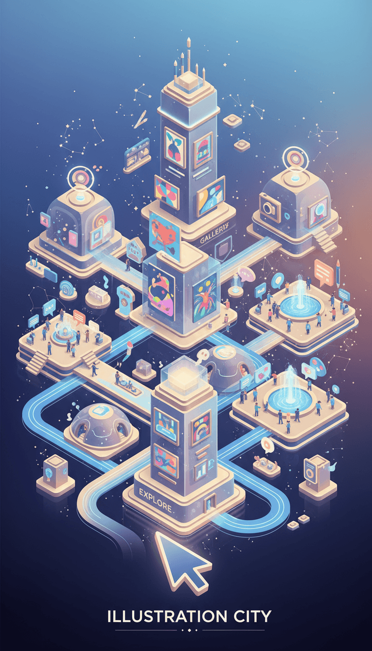 일러스트 웹사이트를 표현하는 번화한 창의적 디지털 도시의 등각 투영 일러스트.