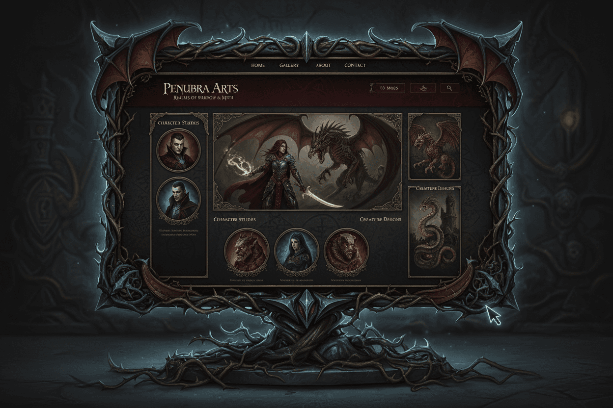 어둡고 드라마틱한 캐릭터 아트와 신화 속 생명체 디자인을 담은 고딕 판타지 일러스트 웹사이트.
