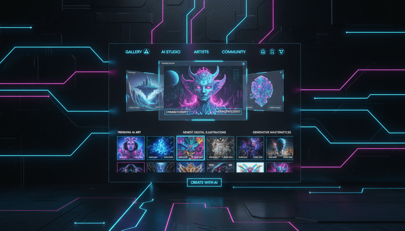 네온 라인과 홀로그램 디스플레이로 빛나는 미래형 일러스트 웹사이트 인터페이스.