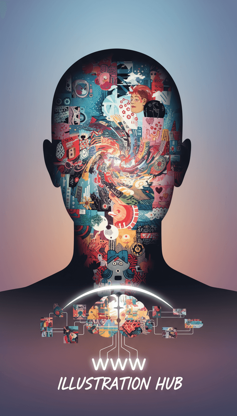 다양한 일러스트로 가득 찬 만화경 같은 인간의 머리 실루엣, 상상의 허브로서의 일러스트 웹사이트 정신을 표현.