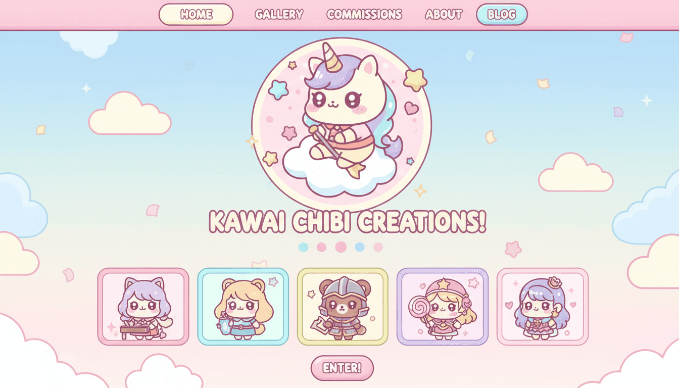 귀여운 데포르메 캐릭터와 카와이 스타일 아트워크를 보여주는 귀여운 치비 일러스트 웹사이트.