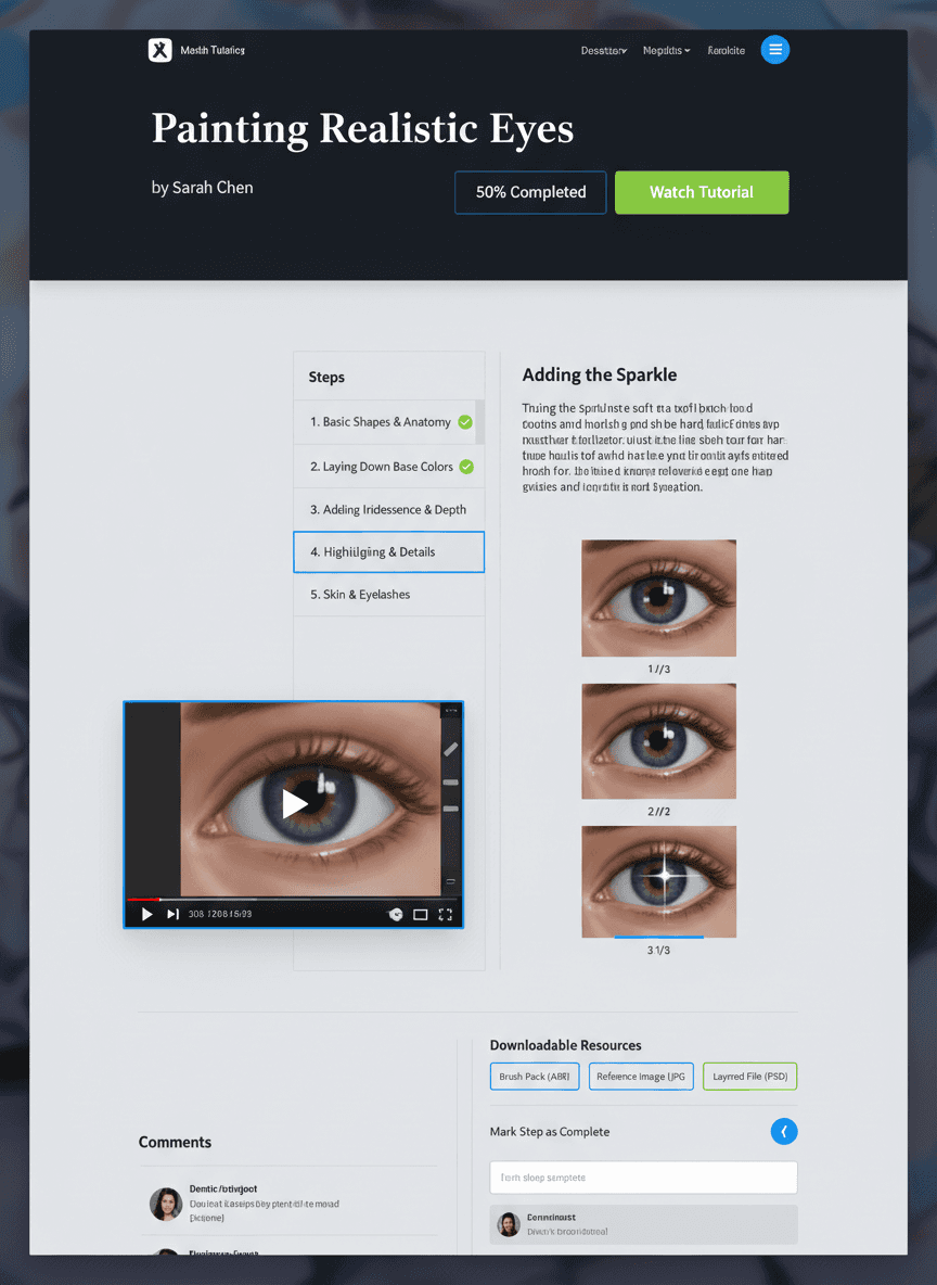 디지털 페인팅 기법의 단계별 일러스트레이션을 보여주는 디지털 페인팅 튜토리얼 웹사이트.