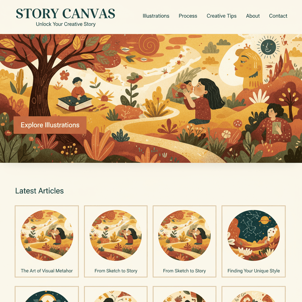 편집 일러스트와 창작 과정을 보여주는 영감을 주는 일러스트 블로그 웹사이트.