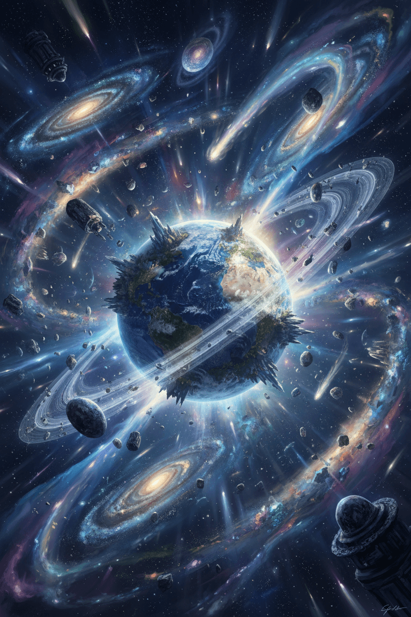 신비로운 은하와 영롱한 빛에 둘러싸인 환상적인 지구 일러스트, 꿈결 같은 디지털 페인팅.