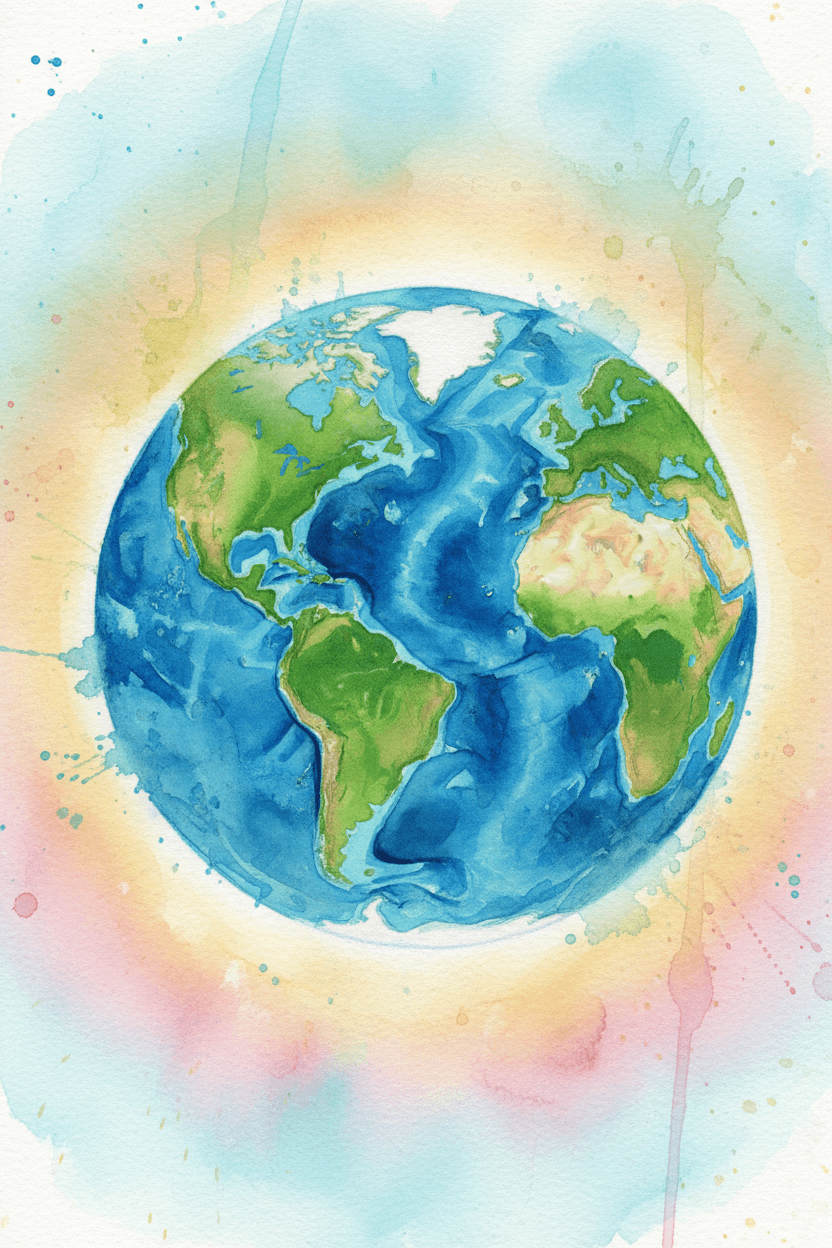 푸른 대륙과 깊은 푸른 바다가 있는 상세한 수채화 지구 일러스트.