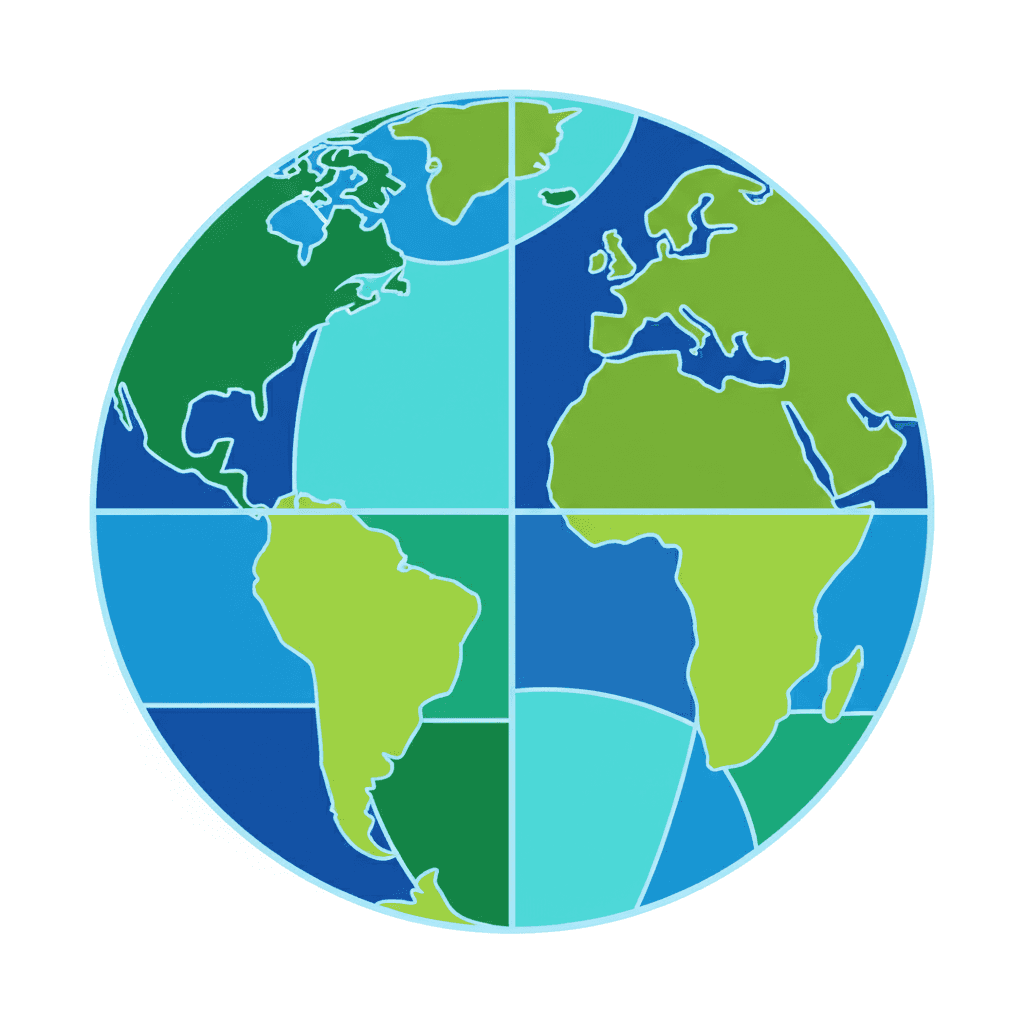 순수한 흰색 배경에 파란색과 녹색의 단순한 기하학적 형태로 구성된 미니멀리스트 추상 지구 삽화.