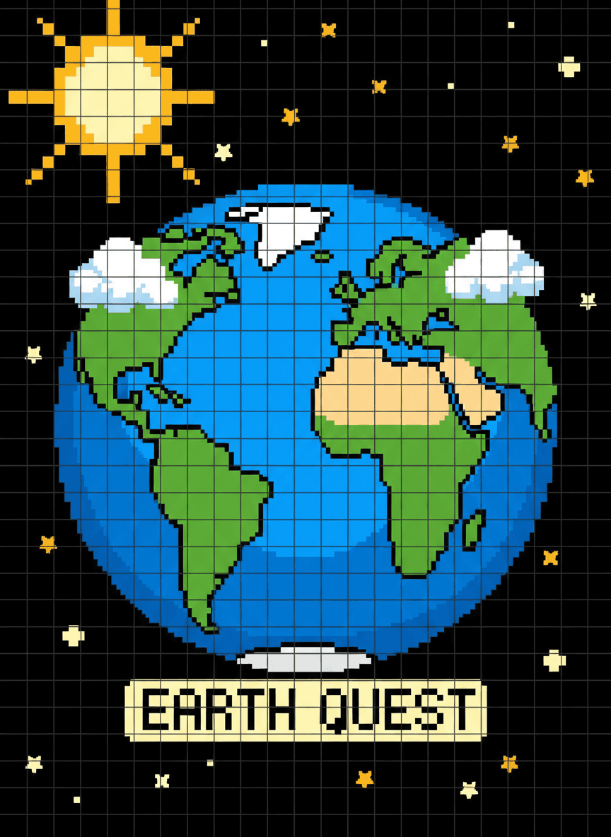 레트로 8비트 스타일의 픽셀 아트 지구 일러스트, 노스탤지어적인 비디오 게임 미학, 깨끗하고 선명함.