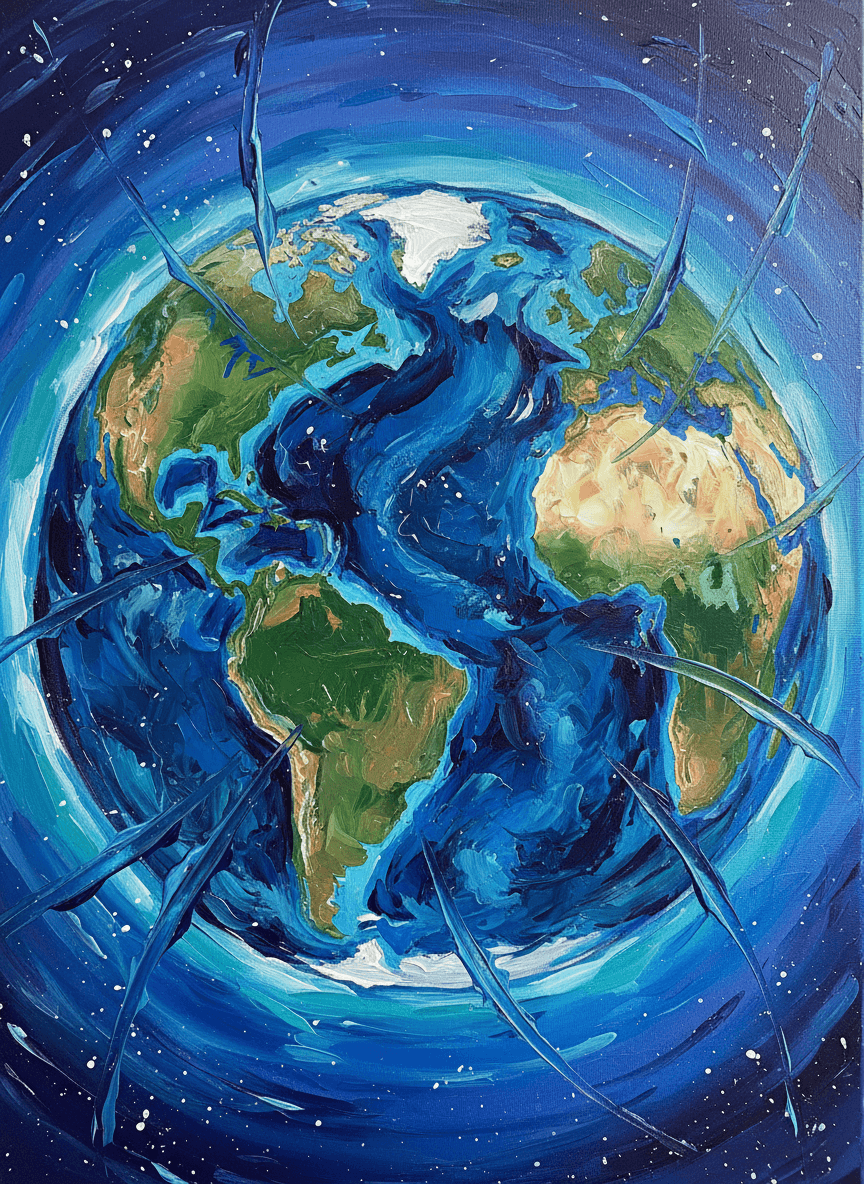 파란색과 녹색의 소용돌이치는 붓터치로 표현된 추상적인 지구 일러스트, 역동적인 구성, 아크릴 질감.