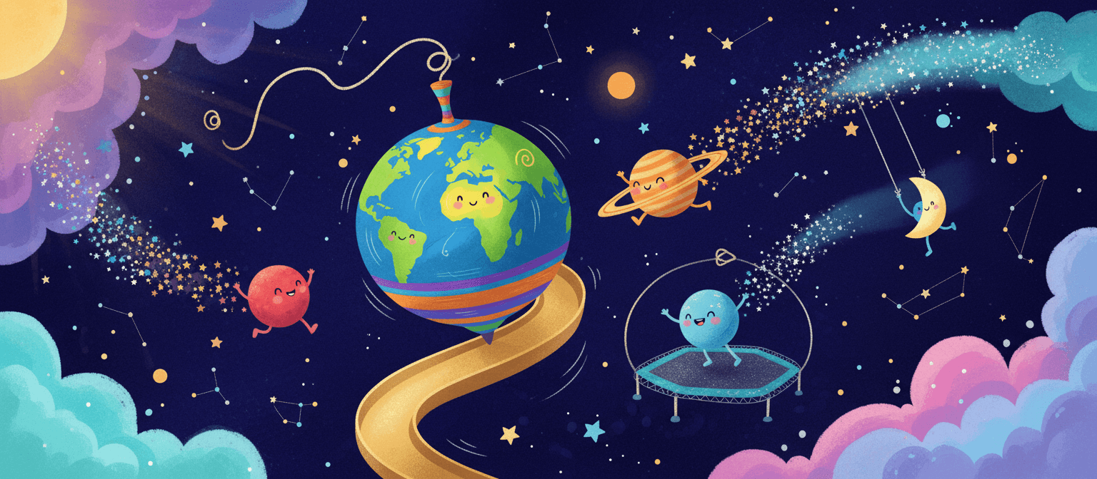 우주 놀이터에서 회전하는 팽이 모양의 지구의 기발한 일러스트.