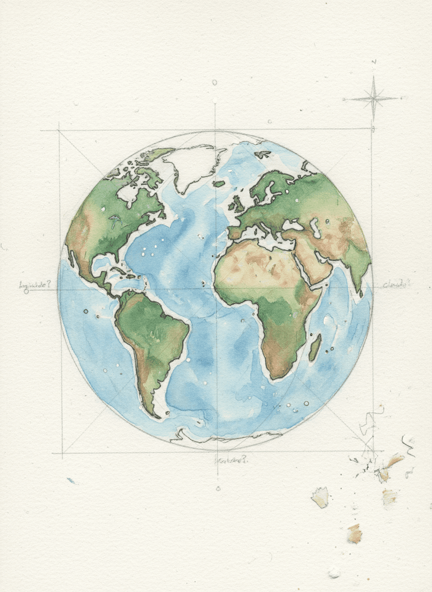 질감 있는 종이에 연필과 수채화로 손수 그린 스케치북 스타일 지구 일러스트.