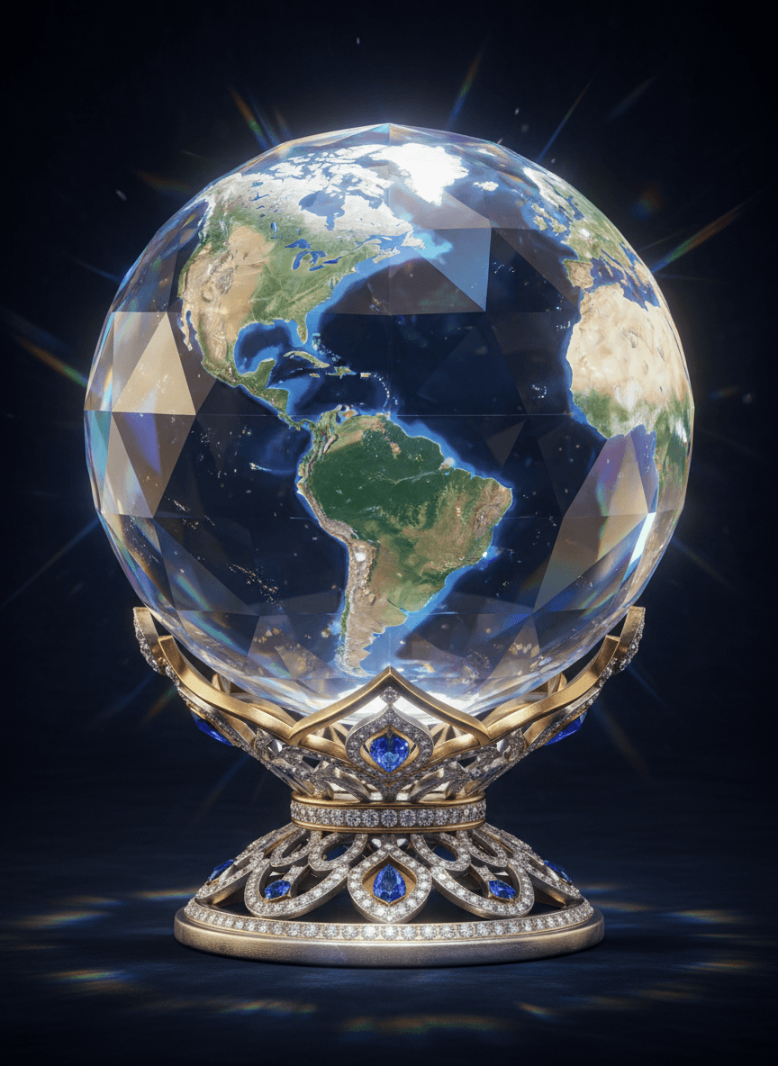 반투명한 다면 크리스탈로 만들어진 지구 일러스트, 무지개 빛을 반사하며, 우아하고 귀한 보석 같은 미학.