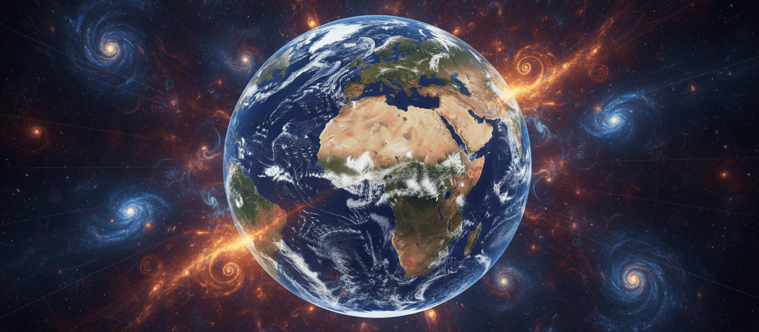 지구의 프랙탈 아트 일러스트레이션. 복잡한 프랙탈 패턴을 사용하여 지구 표면과 우주 배경을 생성하여 무한히 상세하고 매혹적인 이미지를 만듭니다. 풍부하고 깊은 색상, 디지털 및 알고리즘 미학이 특징입니다.