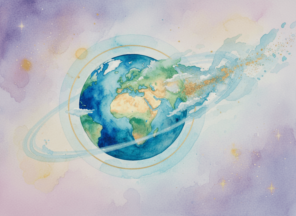 부드럽게 번지는 파란색과 녹색 색조로 그린 평온한 수채화 지구 그림으로, 몽환적이고 환상적인 느낌을 전달합니다.