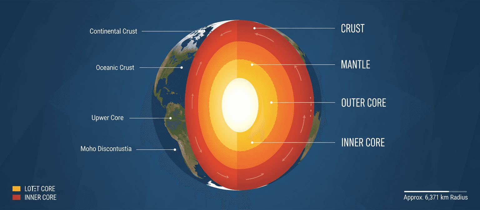 지구의 층(지각, 맨틀, 핵)을 보여주는 상세한 단면 일러스트, 인포그래픽 스타일.