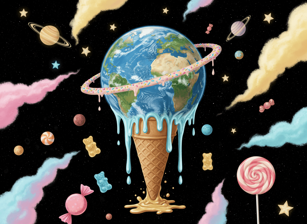 우주에서 아이스크림처럼 녹아내리는 지구의 초현실적인 일러스트.