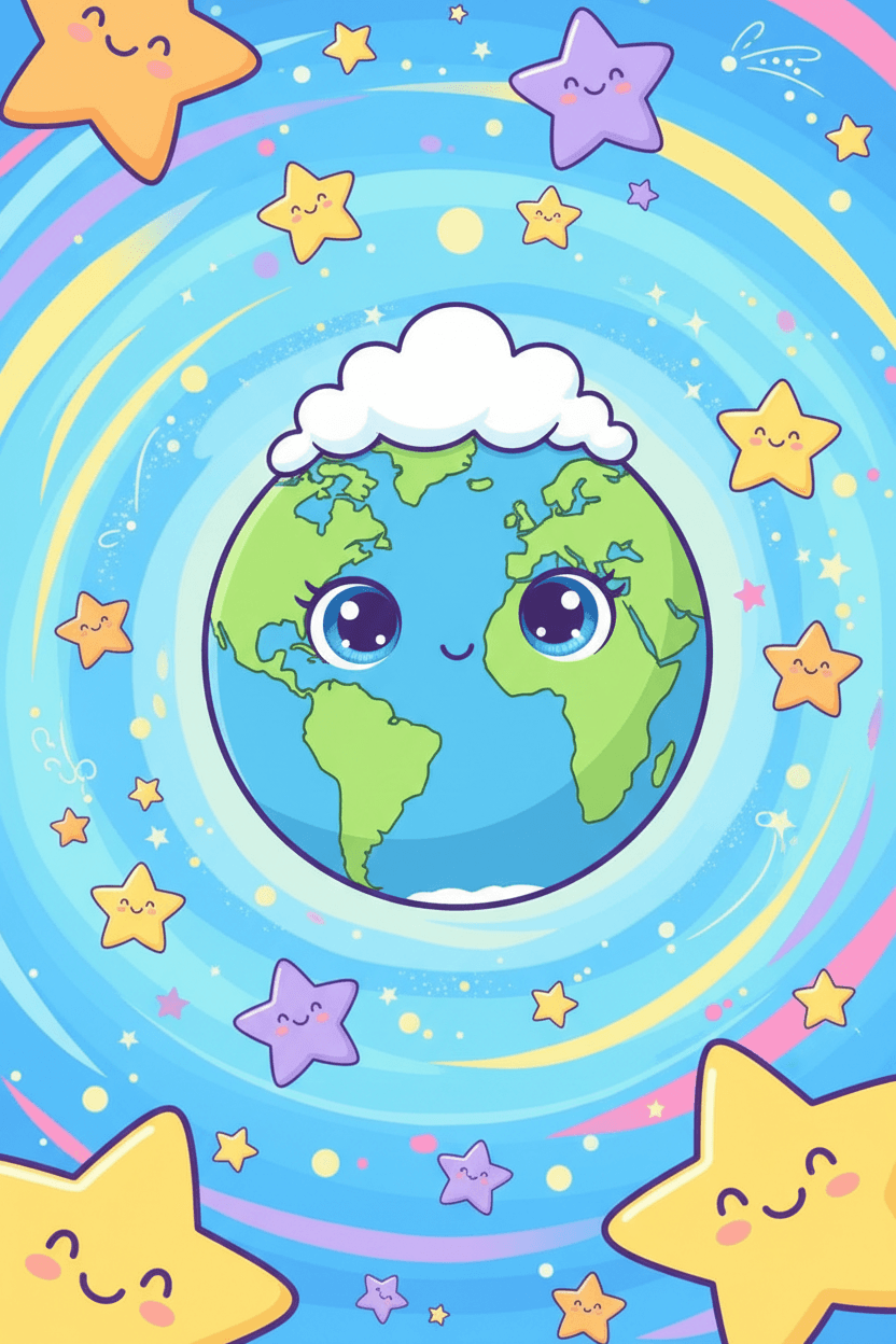 커다란 친근한 눈과 작은 미소를 가진 귀여운 만화 지구 일러스트, 밝고 명랑한 아동 도서 스타일.