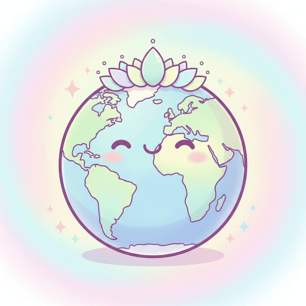 귀여운 미소와 나뭇잎 왕관을 쓴 치비 스타일 지구 일러스트.
