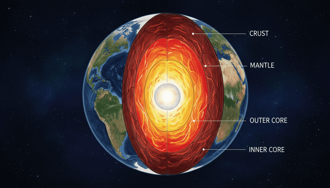 지구의 단면 일러스트레이션. 지각, 맨틀, 외핵, 내핵 등 다양한 지질학적 층을 보여줍니다. 암석과 용융된 층에 대한 사실적인 질감이 특징입니다. 교육적이고 정보적이면서도 예술적으로 표현되었습니다.