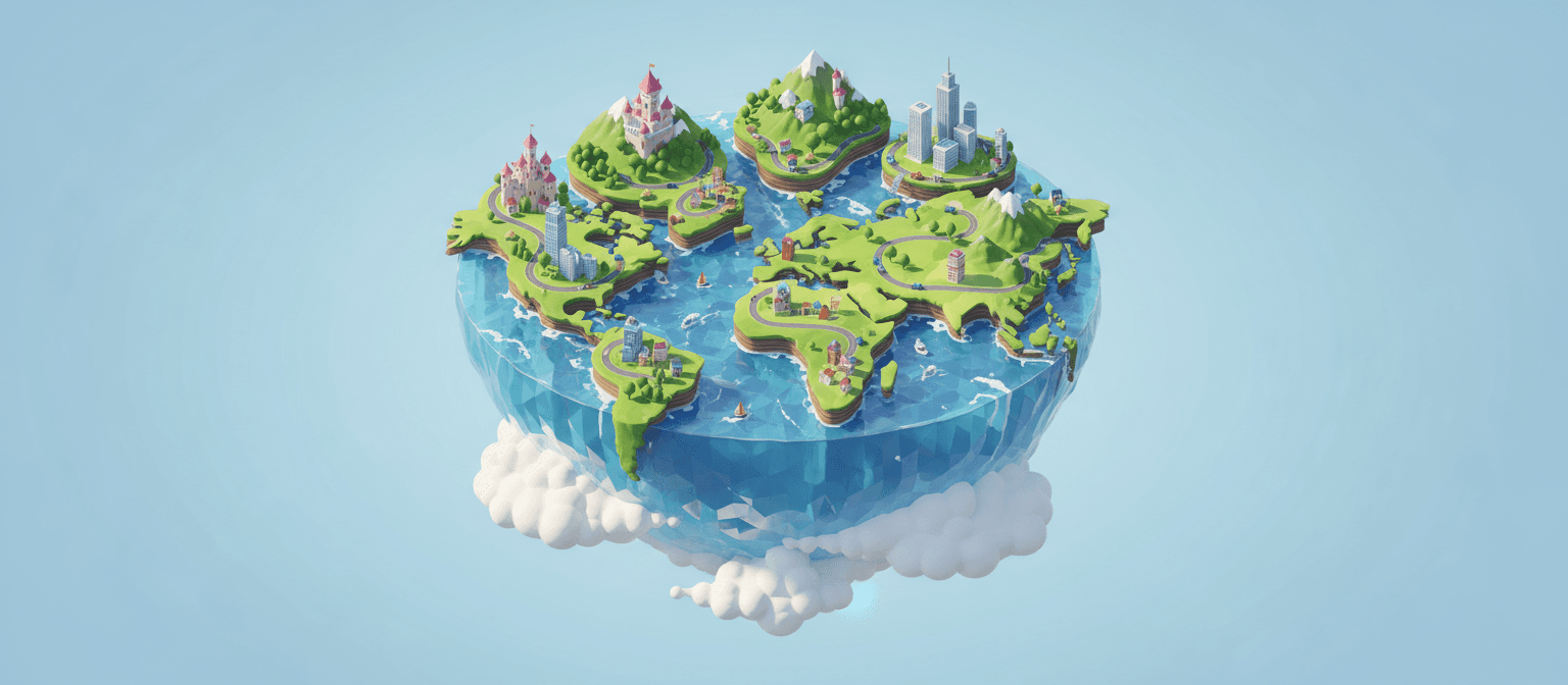 떠다니는 섬 지구의 아이소메트릭 일러스트레이션. 대륙은 작고 양식화된 건물, 나무, 도로가 있는 솟아오른 육지로 묘사됩니다. 그 아래에는 수정처럼 맑은 바다가 있습니다. 상세하면서도 양식화된, 장난스러운 위에서 내려다본 모습.