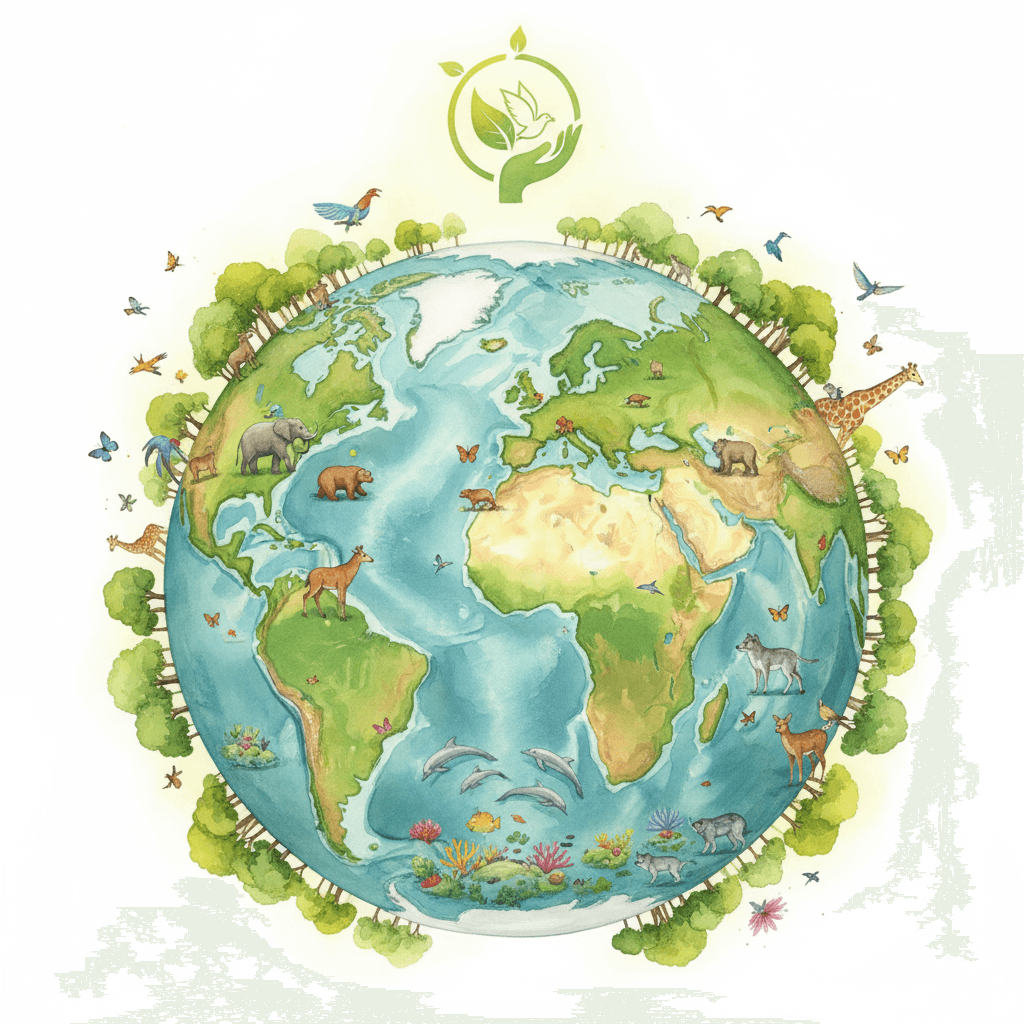 숲, 강, 야생 동식물이 어우러진 생태학적 지구 일러스트, 환경 조화의 상징, 수채화 스타일.