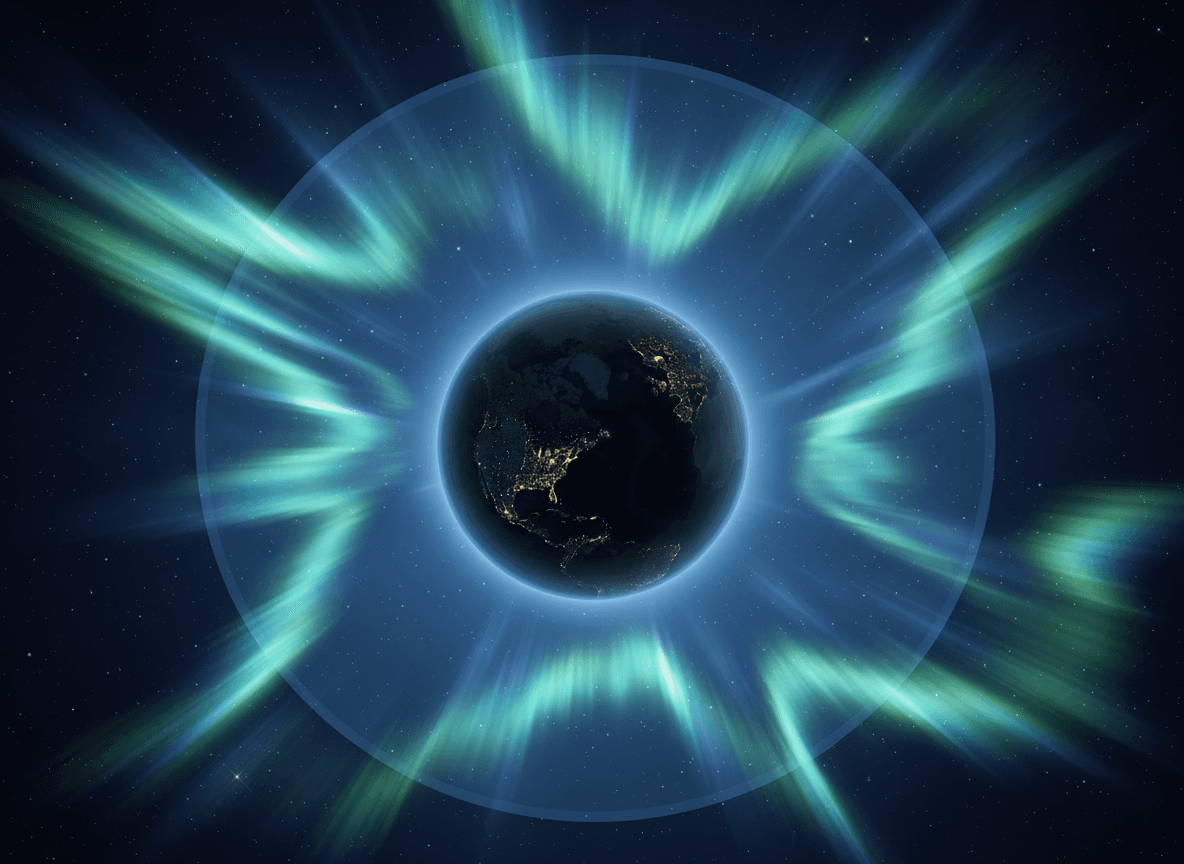 오로라 지구 일러스트레이션. 극지방에서 바라본 지구는 활기차게 소용돌이치는 오로라 빛으로 물들어 있습니다. 장엄하고 자연스럽고 극적이며, 밤하늘에 깊은 파란색과 녹색이 펼쳐집니다.