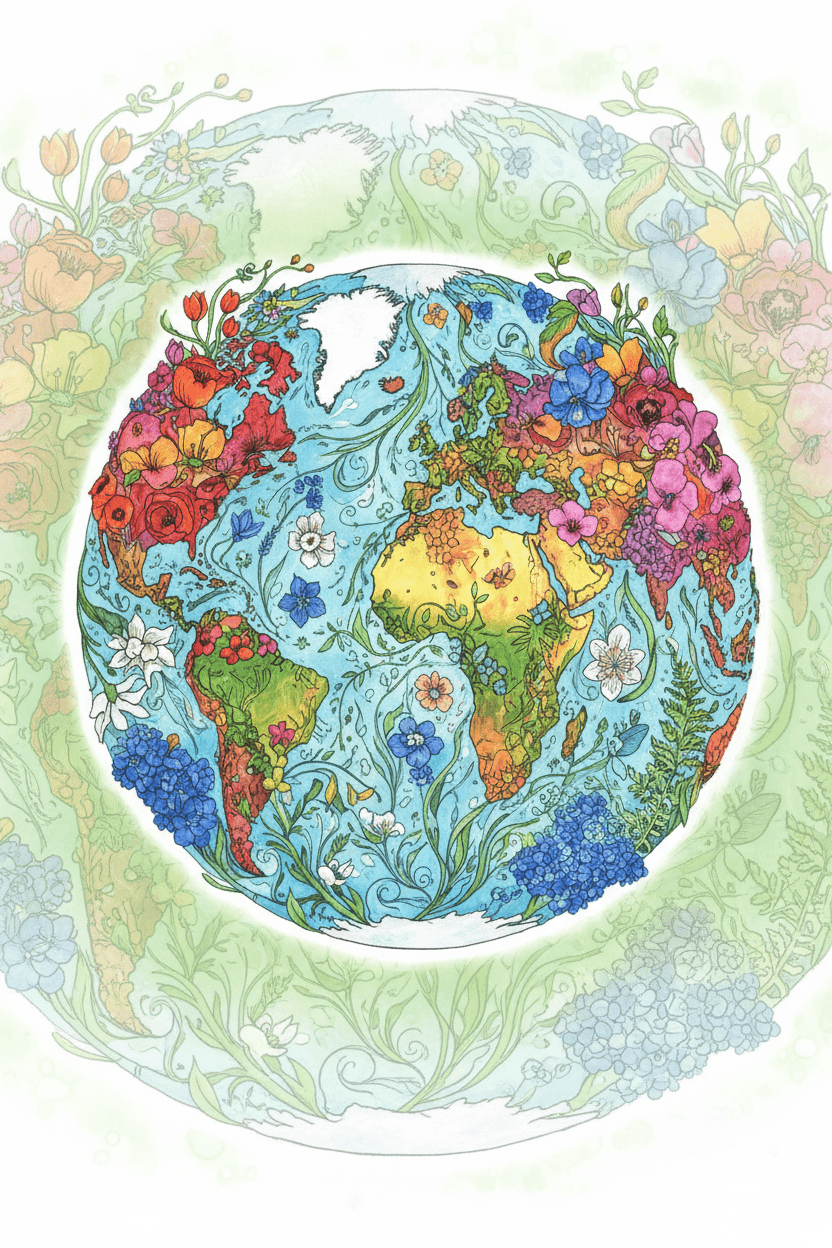 꽃과 무성한 잎으로 만들어진 지구 일러스트, 푸르고 생동감 넘치는 자연 예술, 유기적인 디자인.
