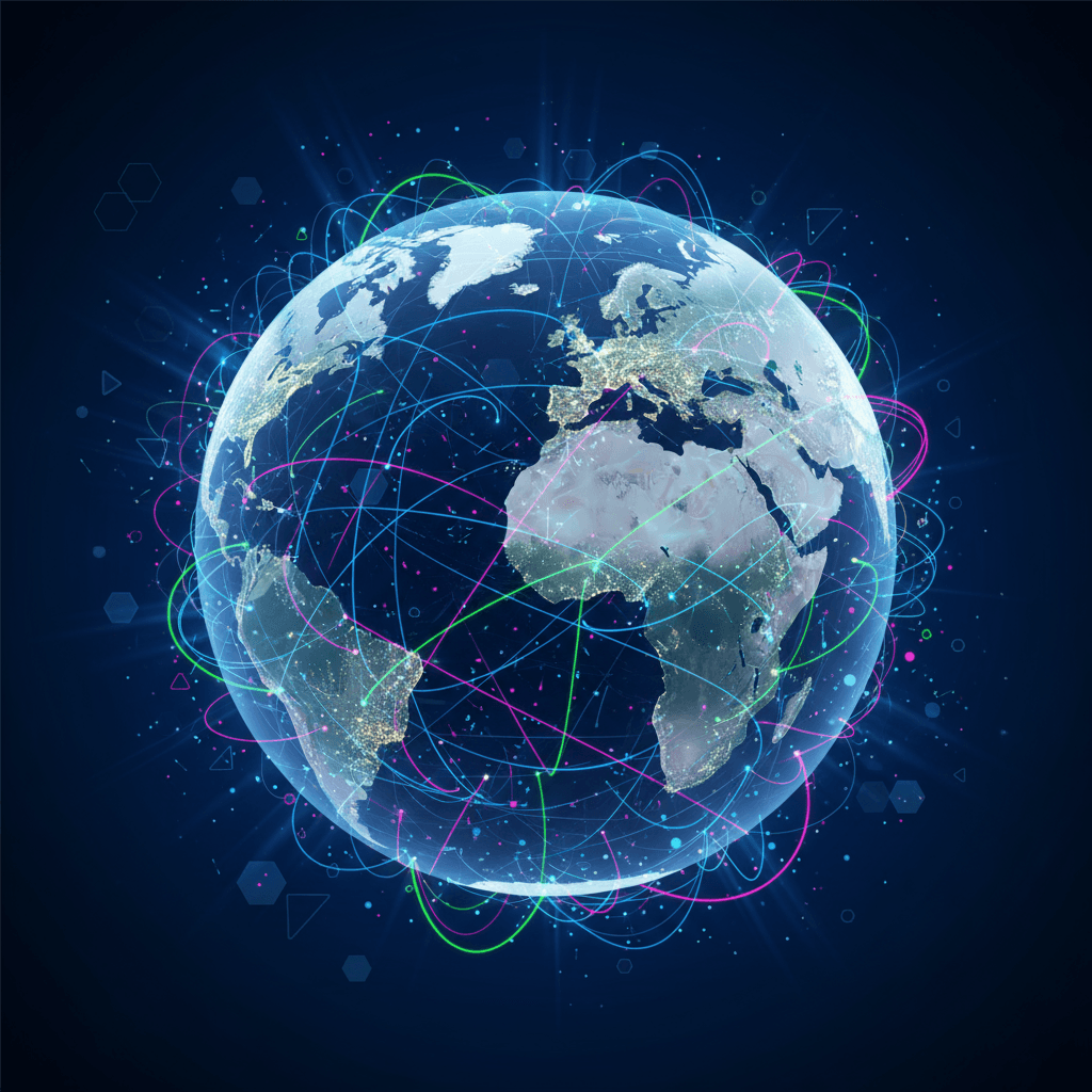 빛나는 연결선과 점이 있는 지구본 일러스트, 글로벌 통신 및 네트워크 상징, 현대적인 그래픽 디자인.
