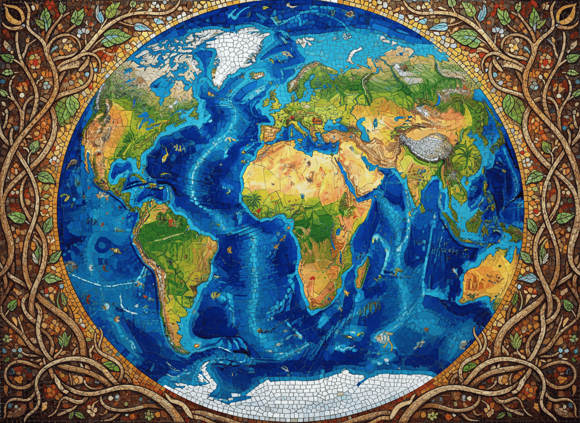 다양한 생물군계를 묘사하는 정교한 모자이크 지구 일러스트.